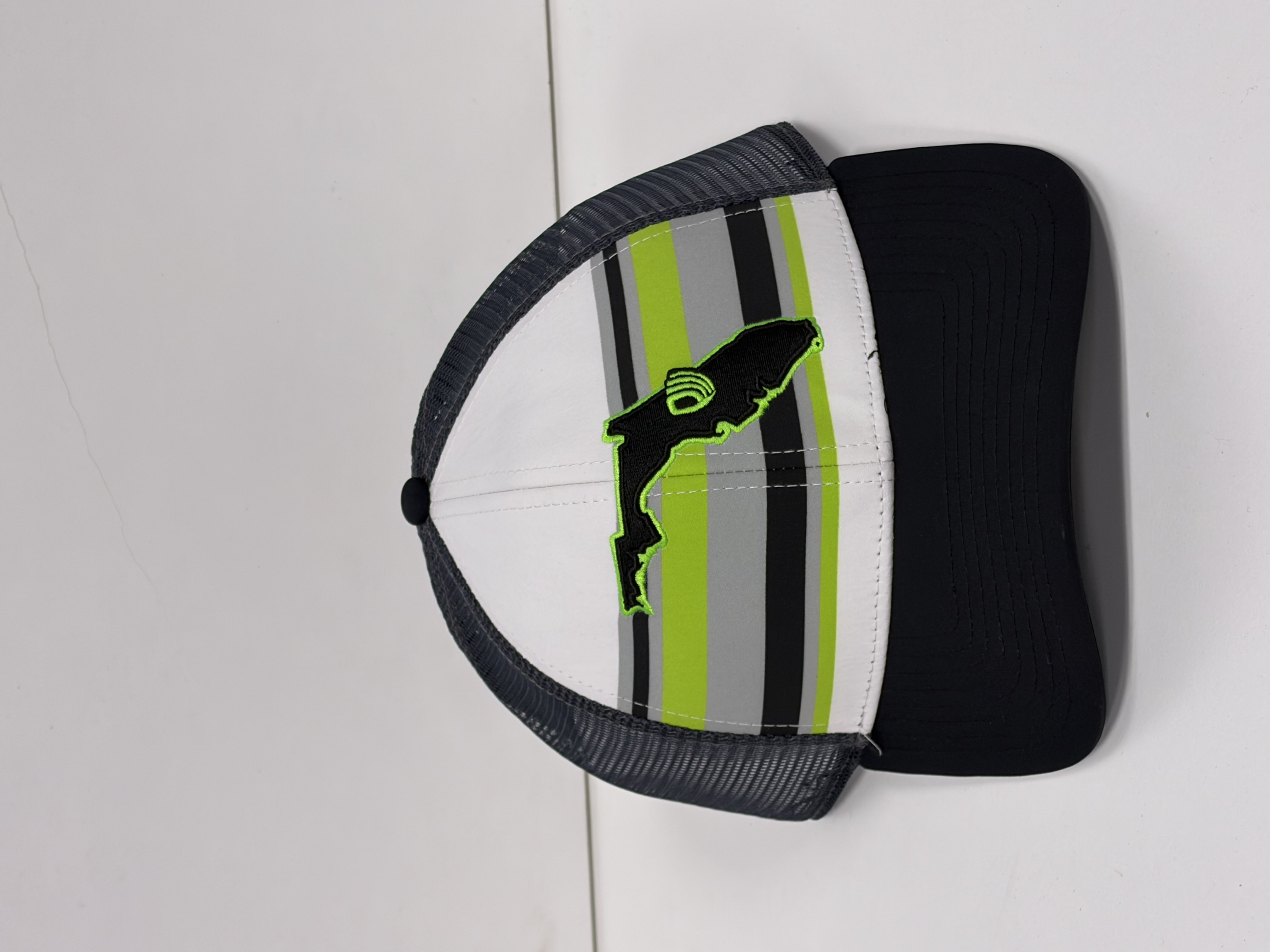 IMG - White Trucker Hat / Striped Design / Black FL & Green PW