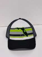 White Trucker Hat / Striped Design / Black FL & Green PW