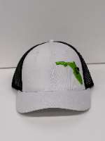 White Trucker Hat / Lime Green FL & Black PW Logo / Curved Bill